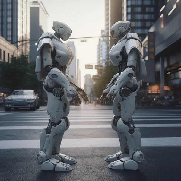 Two humanoid robots stand facing each other on a deserted city intersection at dusk, as if meeting for the first time