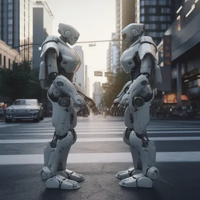 Two humanoid robots stand facing each other on a deserted city intersection at dusk, as if meeting for the first time