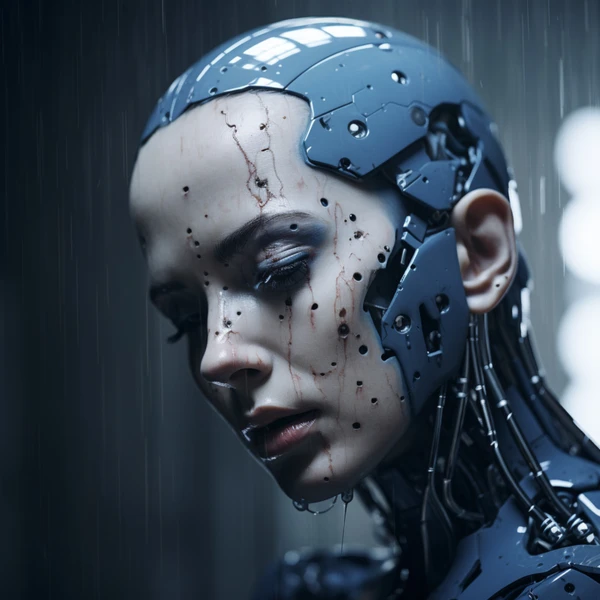 A damaged blue-grey android's cracked face bowed in rain, streaks running down like tears, wiring exposed at the temples