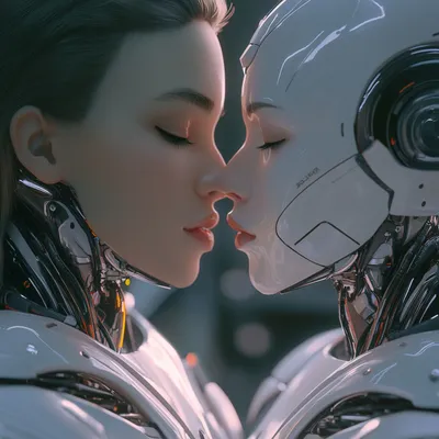 Two androids face each other in an intimate moment, lips almost touching — one organic-faced, one smooth white mechanical