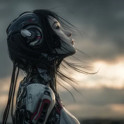 Profile of a female android with long dark hair and cables trailing from her neck, face turned upward against a dramatic stormy sky