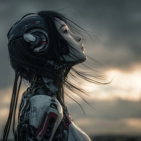 Profile of a female android with long dark hair and cables trailing from her neck, face turned upward against a dramatic stormy sky