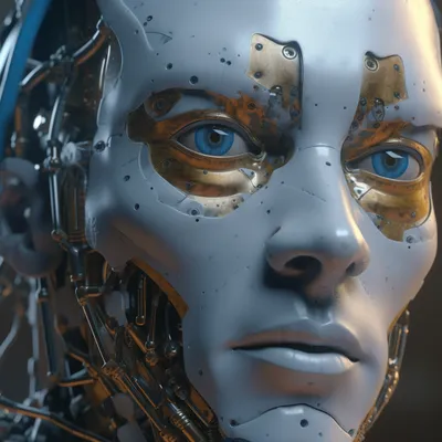 Close-up of a silver android's cracked face with blue eyes, gold detail at the temples — damage and beauty intertwined