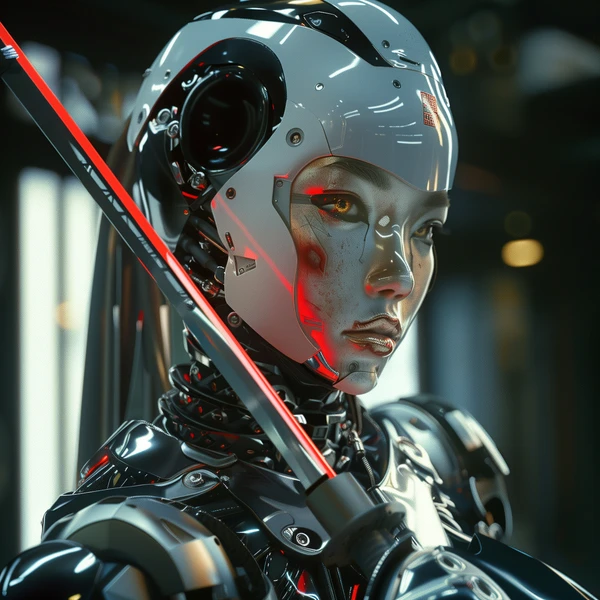 A battle-worn female android in black armour with red laser accents stands in shadow, amber eyes burning