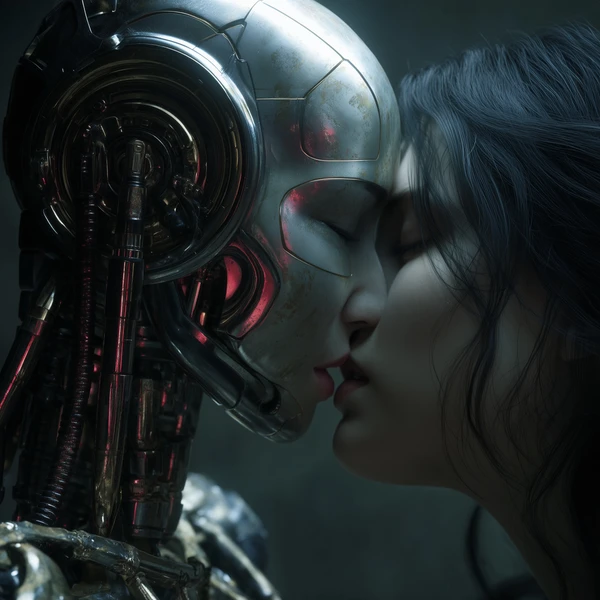 A human woman leans in to kiss a weathered silver android, their faces close together in a dark, moody scene