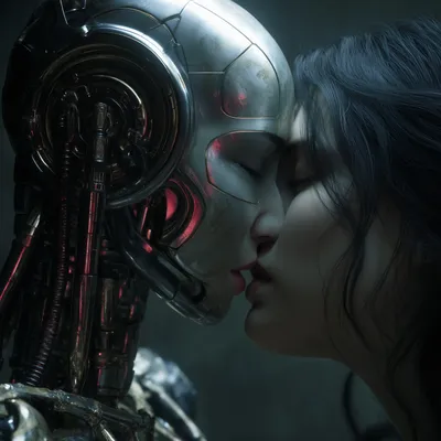 A human woman leans in to kiss a weathered silver android, their faces close together in a dark, moody scene