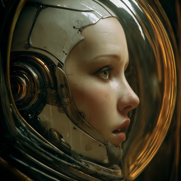 A female android's face framed within a cracked glass space helmet, surrounded by warm gold tones, staring into the distance