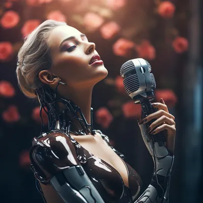 A sleek android singer with red lips and closed eyes holds a vintage microphone, rose petals surrounding her