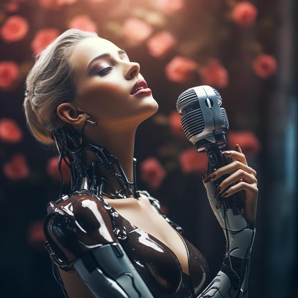 A sleek android singer with red lips and closed eyes holds a vintage microphone, rose petals surrounding her