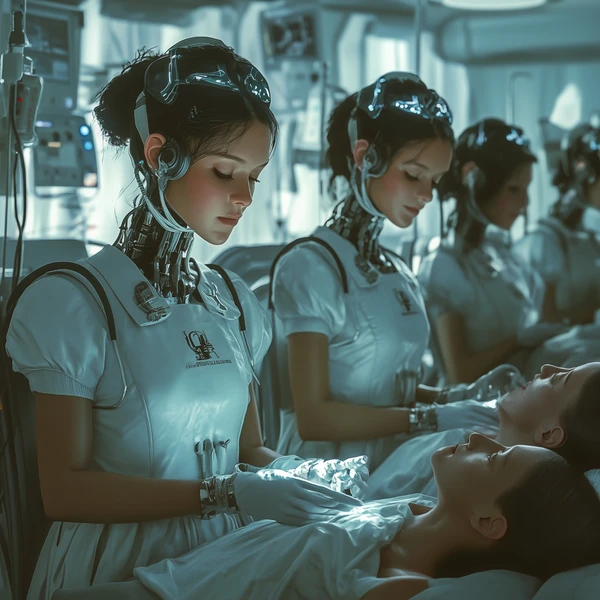 Three android nurses with cybernetic implants tend to a patient in a futuristic medical bay