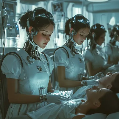 Three android nurses with cybernetic implants tend to a patient in a futuristic medical bay