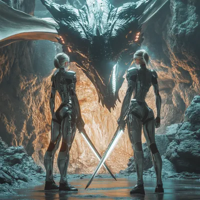 Two silver-armored androids cross glowing swords before a massive dark dragon looming in a cavern of amber rock