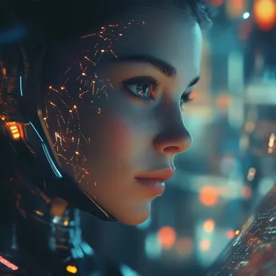 Close-up of a female android's face with glowing circuit patterns beneath the skin, warm amber bokeh lights behind her