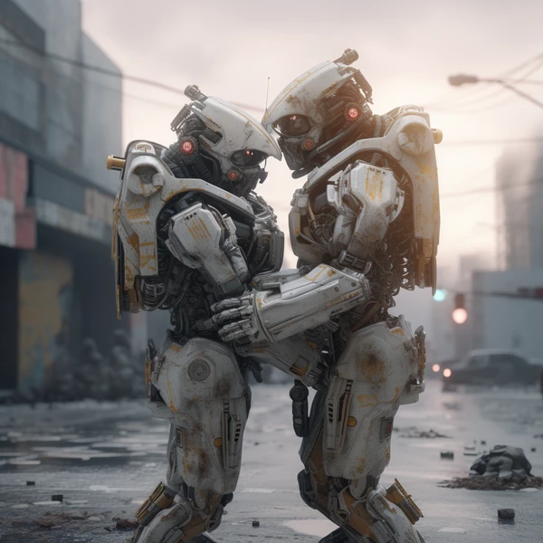 Two heavily armoured military robots embrace in a rubble-strewn street at dawn