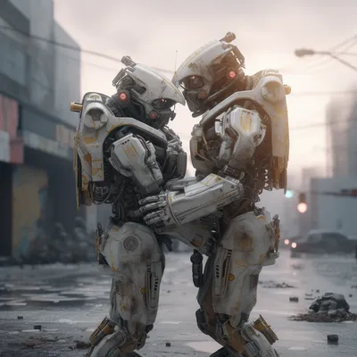 Two heavily armoured military robots embrace in a rubble-strewn street at dawn