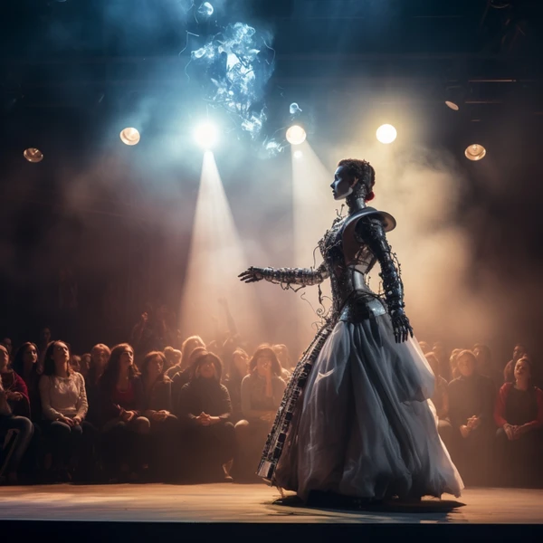 A cyborg performer in a white ballgown with a mechanical arm reaches outward on a smoky stage bathed in spotlights