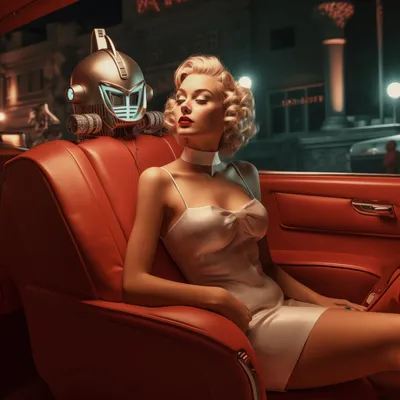 A glamorous woman in a white silk dress leans against a retro robot in the red leather back seat of a classic car at night
