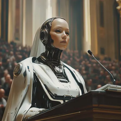 A humanoid robot in white ceremonial robes stands at a podium addressing a vast crowd in a grand hall