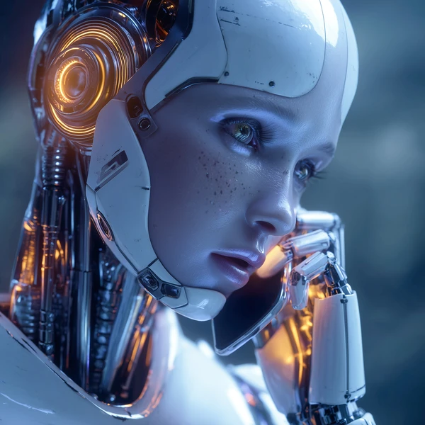 Close-up of a contemplative female android, white chassis glowing with warm amber light from a circular emitter in her head