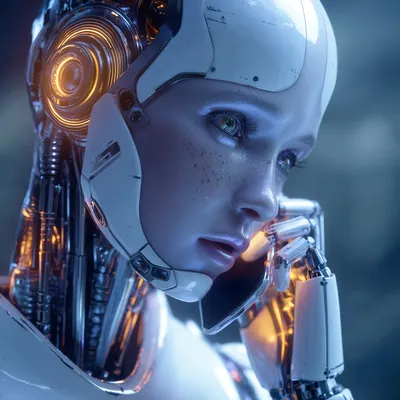 Close-up of a contemplative female android, white chassis glowing with warm amber light from a circular emitter in her head