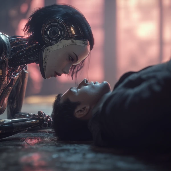 A damaged female android leans over a fallen man on the floor of a corridor with soft pink-hued walls