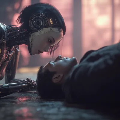 A damaged female android leans over a fallen man on the floor of a corridor with soft pink-hued walls