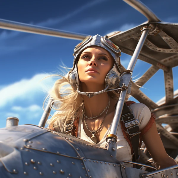 A blonde adventurer in a leather aviator helmet and goggles surveys the horizon from the cockpit of a vintage biplane