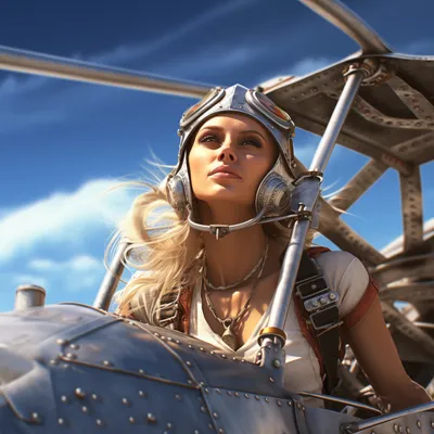 A blonde adventurer in a leather aviator helmet and goggles surveys the horizon from the cockpit of a vintage biplane