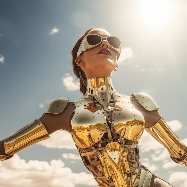 A gold-armoured female android stands with arms outstretched under a blazing sun, face lifted skyward