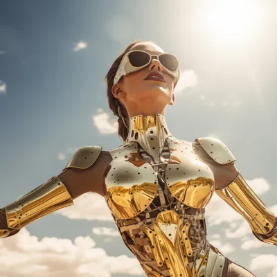 A gold-armoured female android stands with arms outstretched under a blazing sun, face lifted skyward
