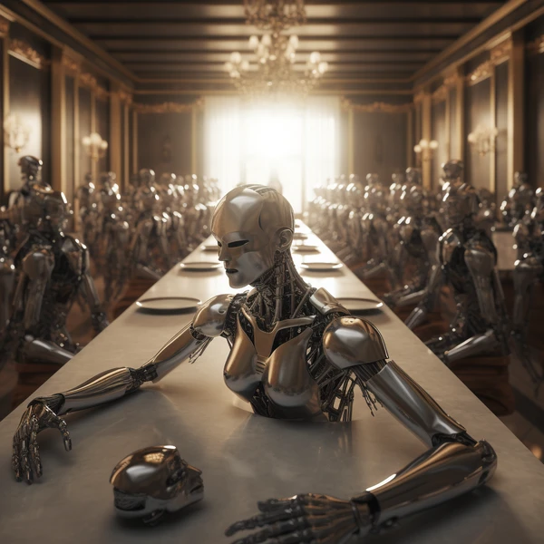 A lone android sits slumped at the head of a long banquet table, an assembly of standing robots filling the grand hall behind