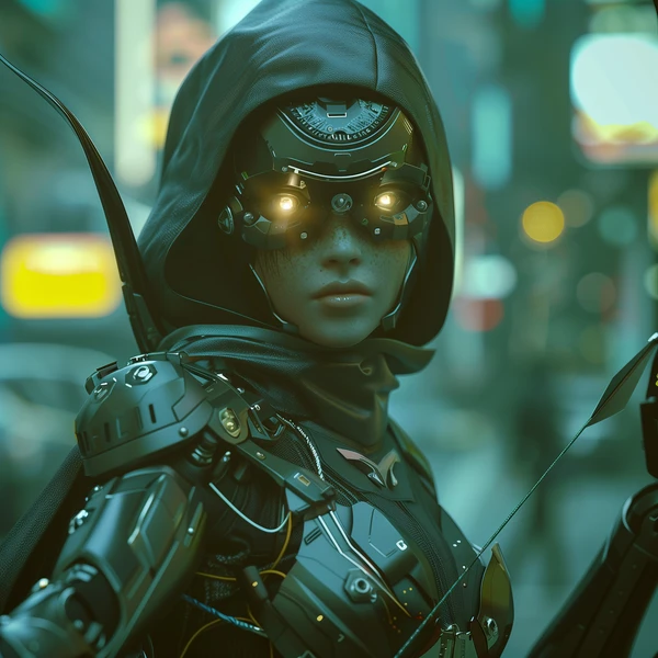 A cyberpunk archer in black tactical gear with glowing visor eyes holds a bow on a rain-slicked city street at night