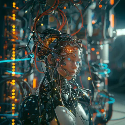 A female android with blue eyes stands entangled in a chaotic mass of colourful cables inside a neon-lit server room