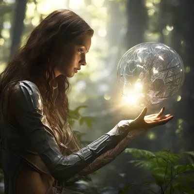 An armoured woman in a sunlit forest cradles a glowing cracked orb of light in her outstretched palm