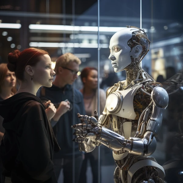 A red-haired woman faces a gold-and-white android exhibit behind glass, a crowd of visitors reflected around them