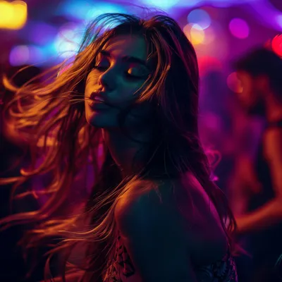 A woman with flowing hair dances with eyes closed under purple and magenta club lights