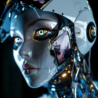 Close-up of a dark-faced android with a single glowing yellow eye, a dancing couple reflected in the polished cheek panel