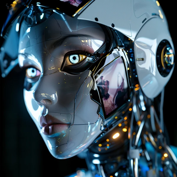Close-up of a dark-faced android with a single glowing yellow eye, a dancing couple reflected in the polished cheek panel