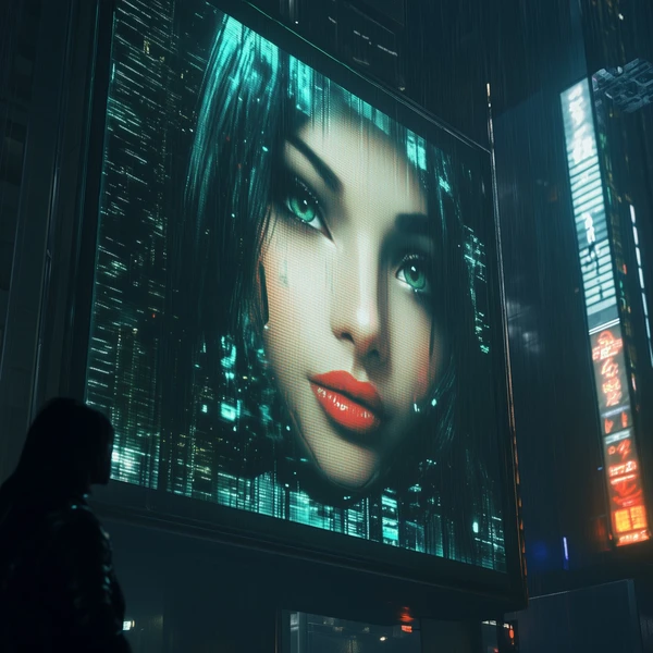 A warrior robot stands at the centre of a neon-lit city square, surrounded by towering holographic advertisements